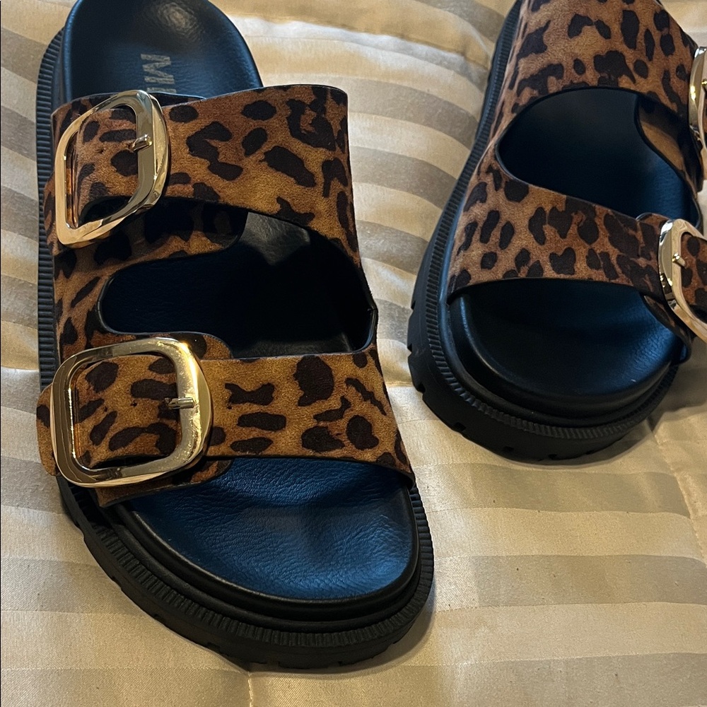 MIA Leopard Print Double-Buckle Slide Sandals - Brown & Black